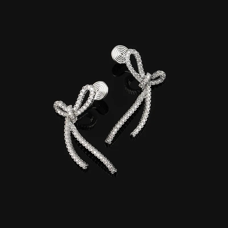 Elegant Zircon Bowknot Long Tassel Stud & Clip On No Piercing Spiral Back Statement Earrings