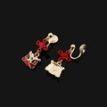 Vintage Chinese Lion Dance Red Knot Alloy Enamel Rhinestone Stud & Clip On No Piercing Drop Earrings