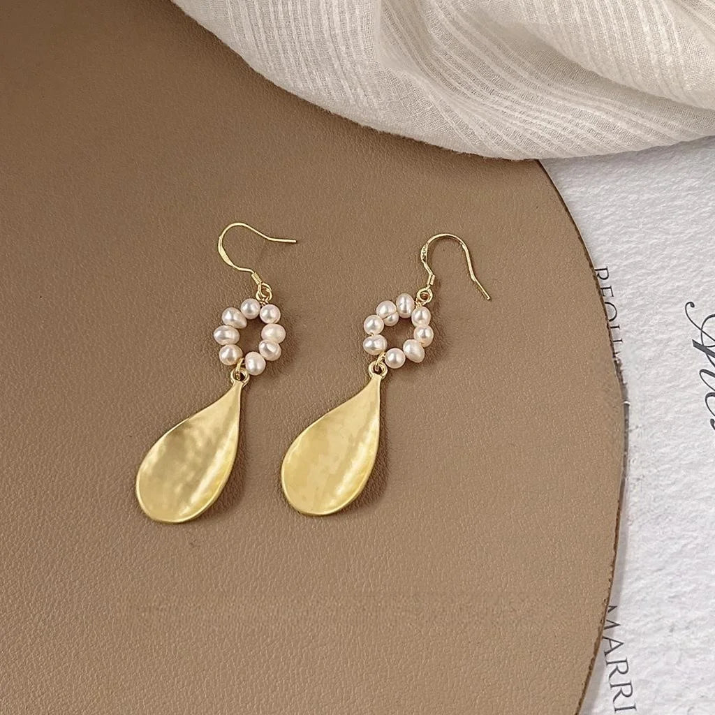Vintage Silver Plated Freshwater Pearl Oval Drop Earrings Handmade Long Geometric Jewelry
