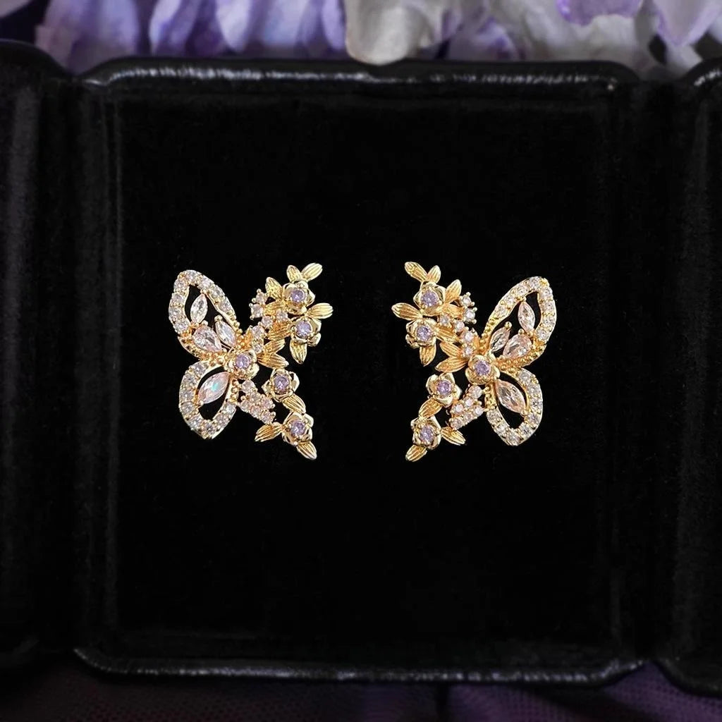 14K Gold Plated Copper Micro Pave Zircon Butterfly Flower Stud Earrings Sweet Chic