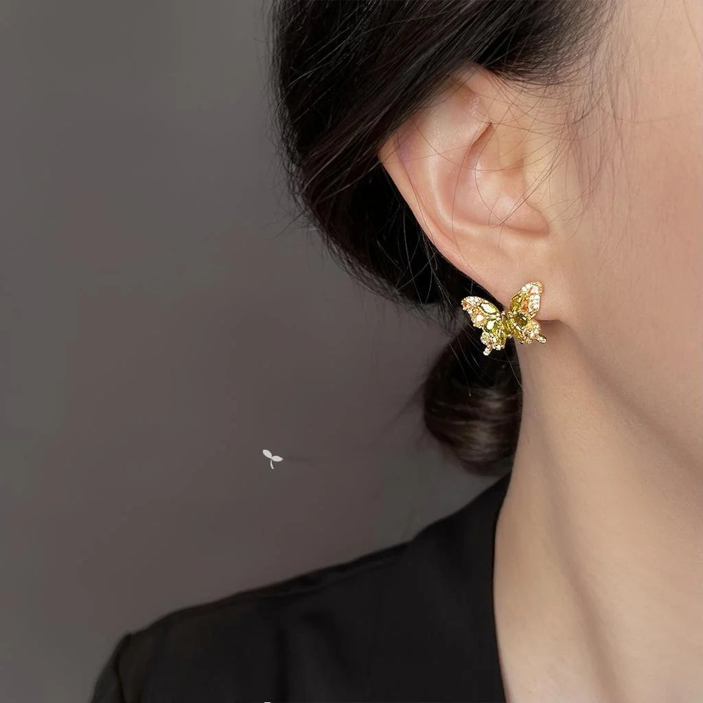 Sparkling Full Zircon Butterfly Stud Earrings Silver Plated Copper Forest Sweet Summer Jewelry