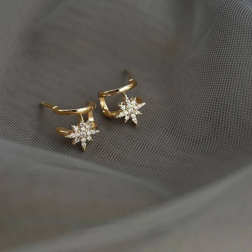 Copper Micro Pave Zircon Star Stud Earrings, Double Layer Line Minimalist Gold Tone Jewelry