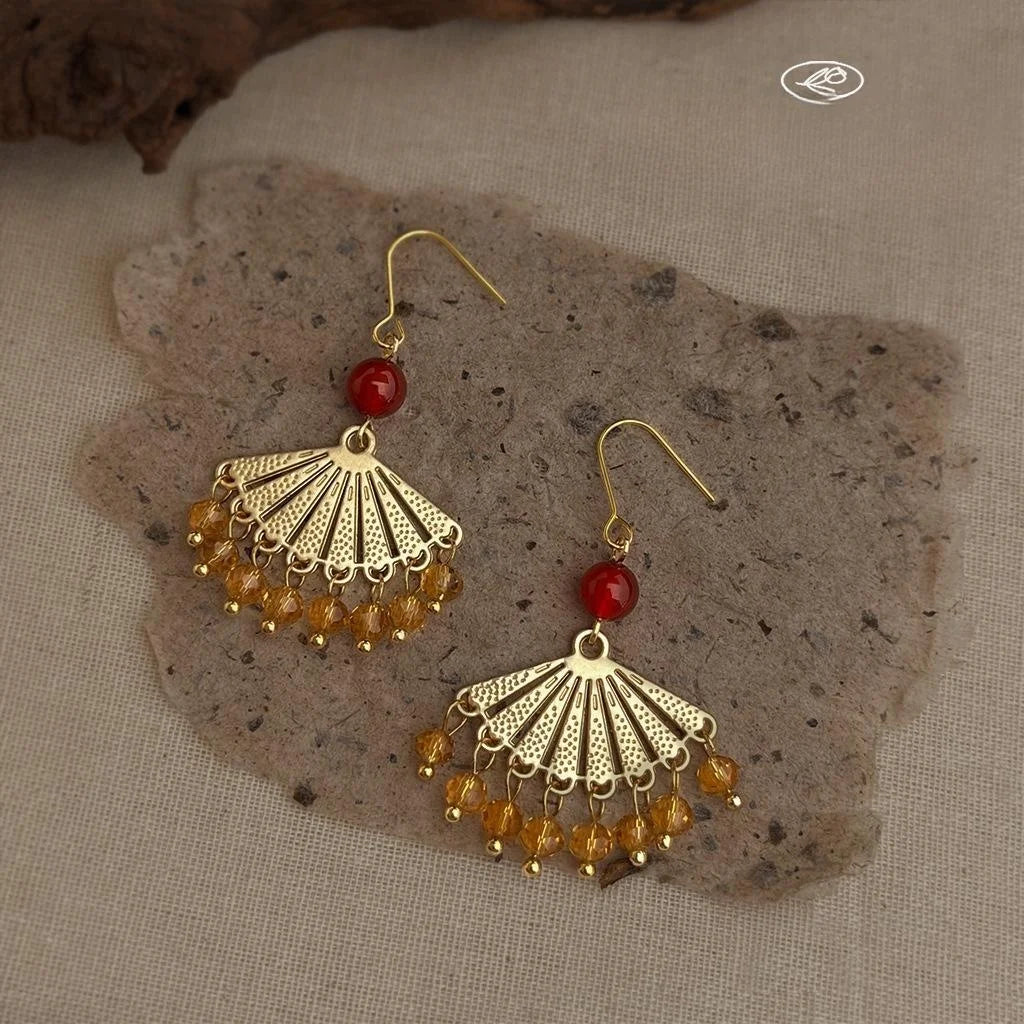 Vintage Red Agate Glass Crystal Fan Geometric Handmade Drop Earrings For Women
