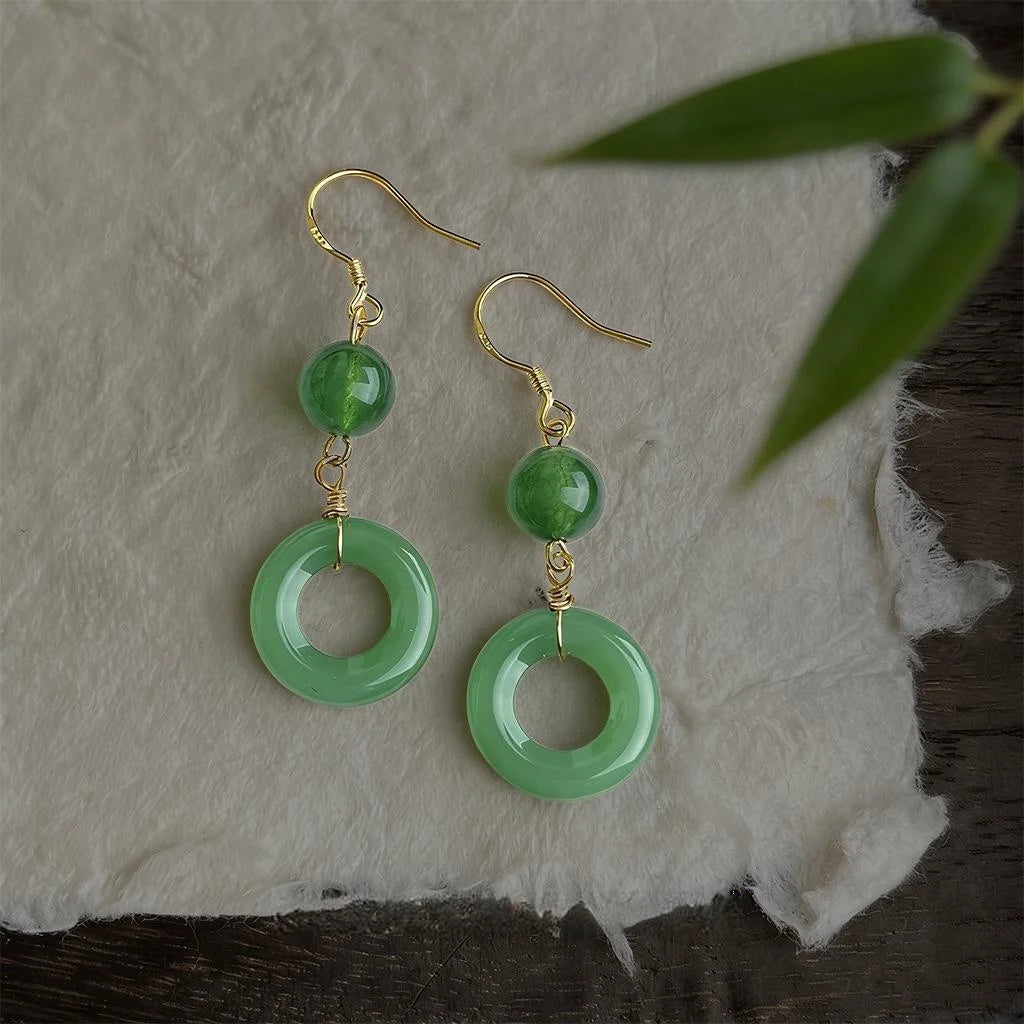 Chinese Retro Green Agate Copper Drop Earrings With Geometric Ring Design