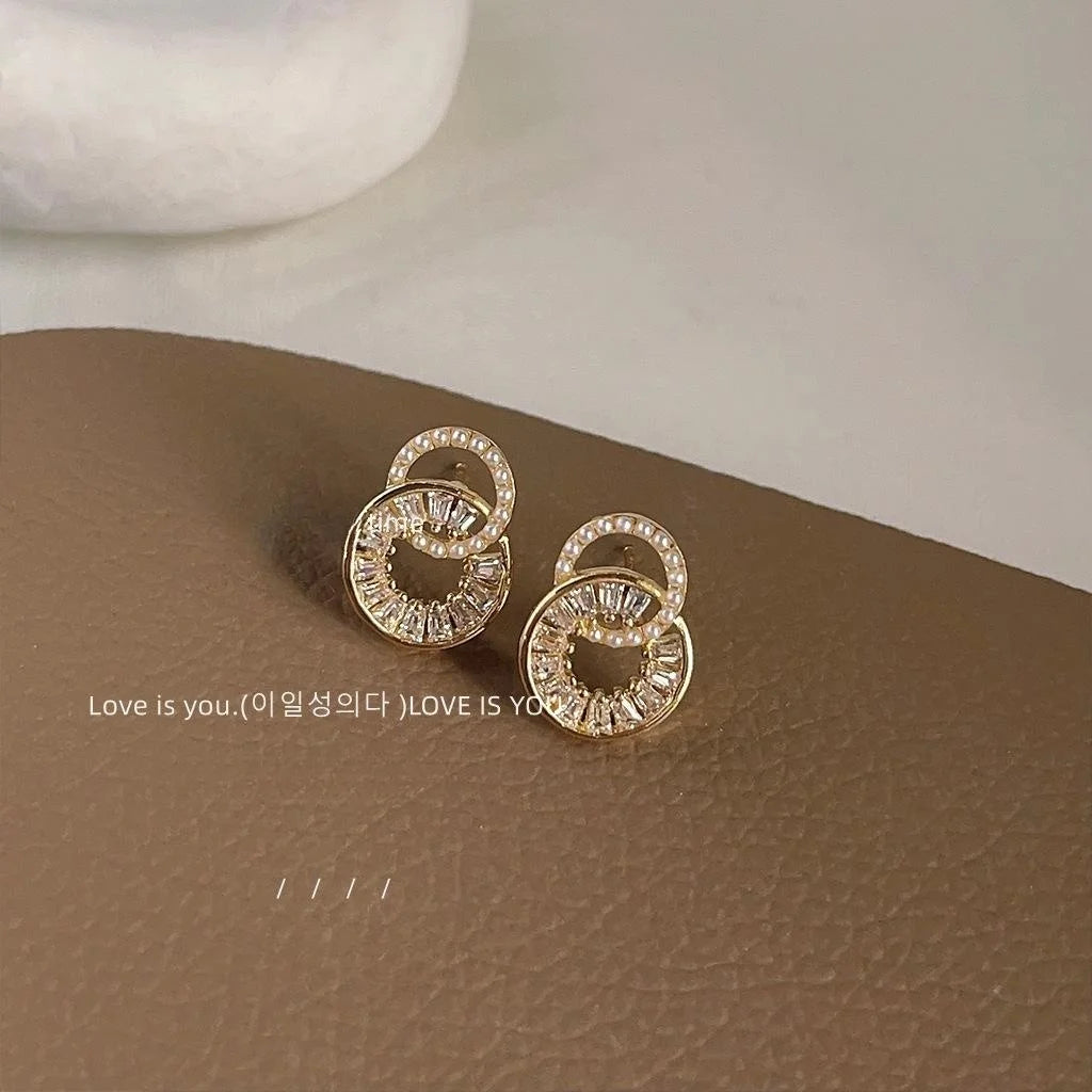 14K Gold Plated Copper Geometric Round Zircon Micro Pave Stud Earrings Minimalist Luxury