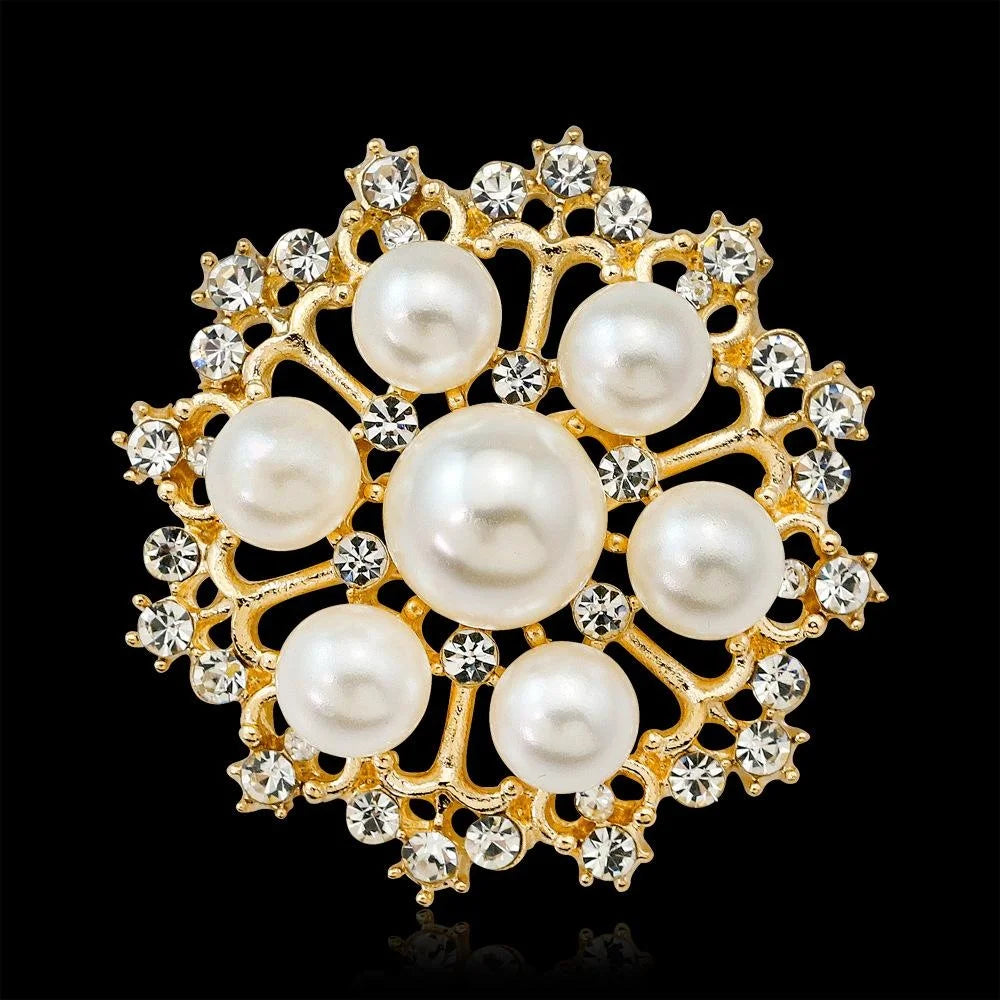 Elegant Korean Style Faux Pearl Rhinestone Flower Brooch, Gold Alloy Lapel Pin Corsage For Suits And Gifts