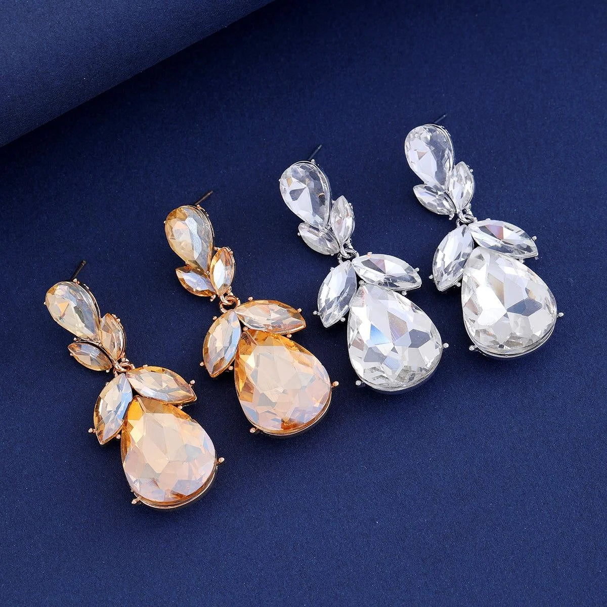 Luxury Vintage Gold Tone Alloy Champagne Crystal Teardrop Dangle Earrings For Bridal Wedding Party Gift