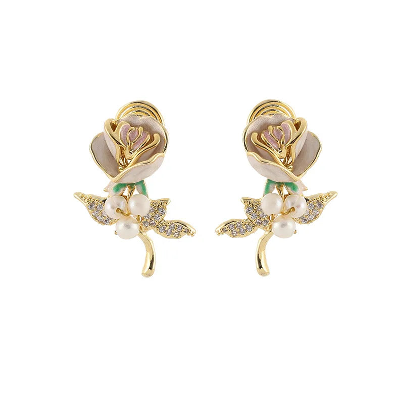 Vintage Elegant Luxury Enamel Rose Flower Pearl Rhinestone Stud & Clip On No Piercing Earrings