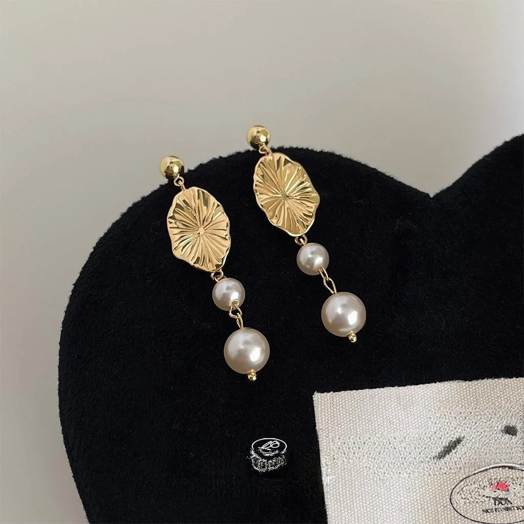 Handmade French Vintage Copper Glass Pearl Geometric Leaf Tassel Drop Earrings For Women