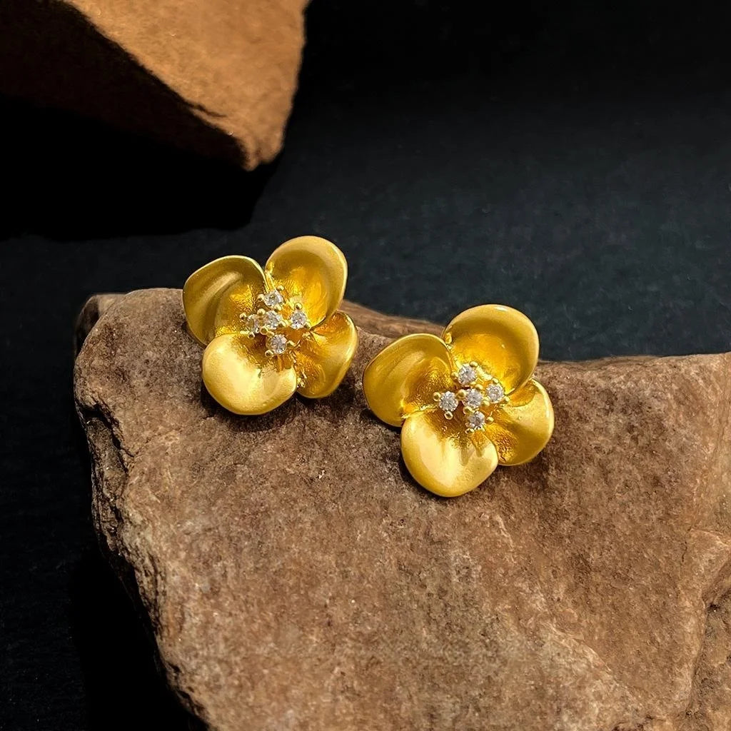 French Vintage 14K Matte Plated Copper Flower Stud Earrings With Zircon Pave