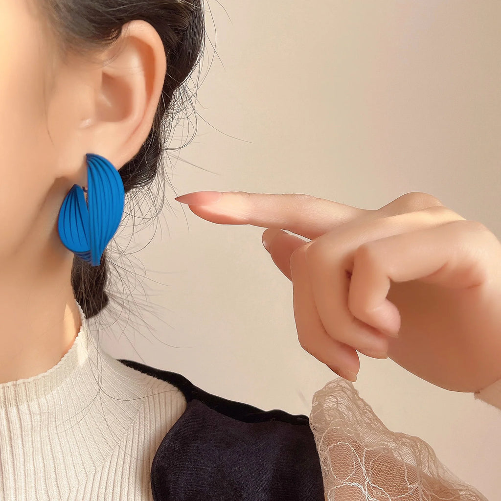 Klein Blue Enamel Spiral Hoop Stud & Clip On No Piercing Statement Round Pleated Earrings