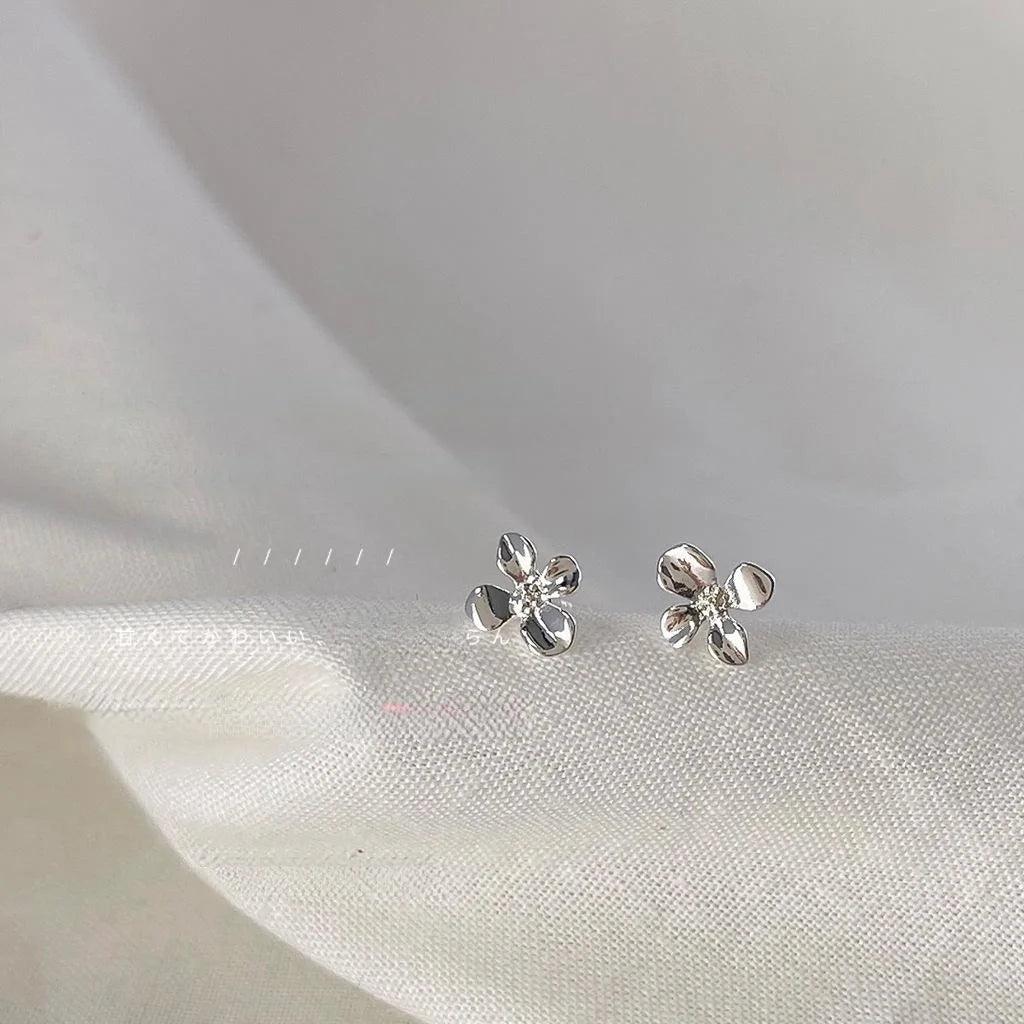 Silver Plated Copper Flower Petal Stud Earrings Minimalist Mini Everyday Jewelry