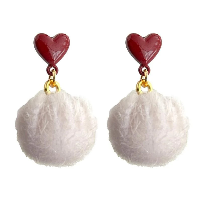 Sweet Burgundy Pom Pom Drop Earrings For Women, Winter Enamel Heart Geometric Daily Jewelry