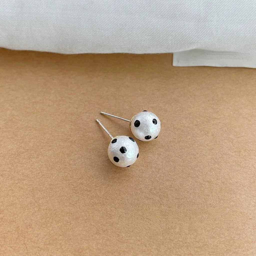 Black White Polka Dot Cotton Pearl Stud Earrings Copper Round Geometric Hepburn Style