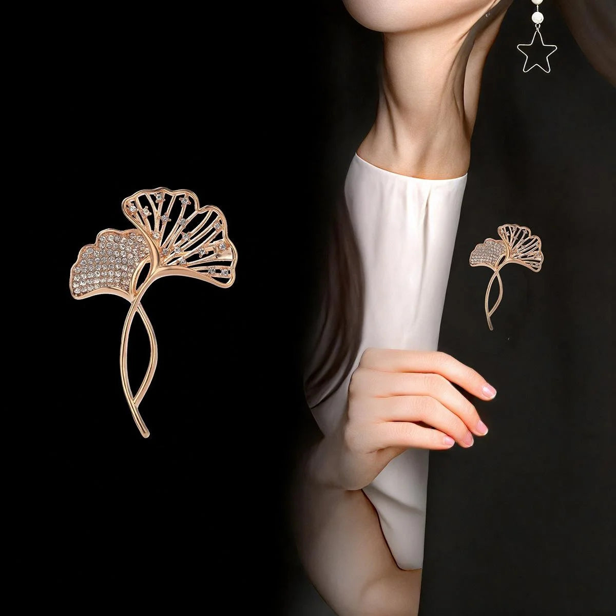 Elegant Rose Gold Ginkgo Leaf Rhinestone Brooch, Luxury Women's Lapel Pin Corsage Suit Accessory Gift