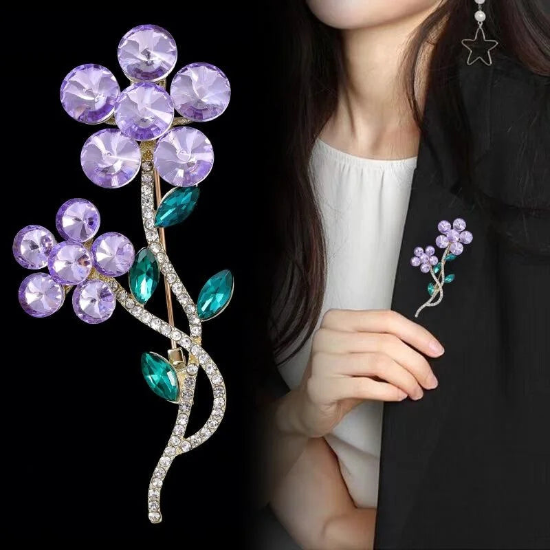 Elegant Purple Crystal Flower Brooch With Rhinestone Stem, Green Leaf Lapel Pin Corsage Gift