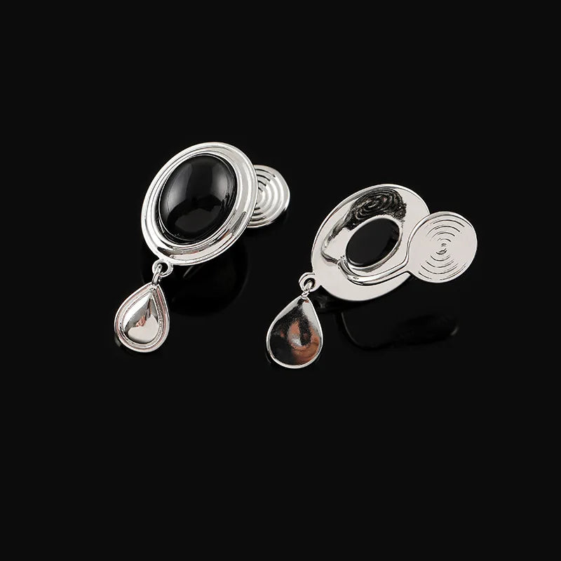 Vintage Oval Black Cabochon Alloy Teardrop Dangle Stud & Clip On No Piercing Women's Earrings