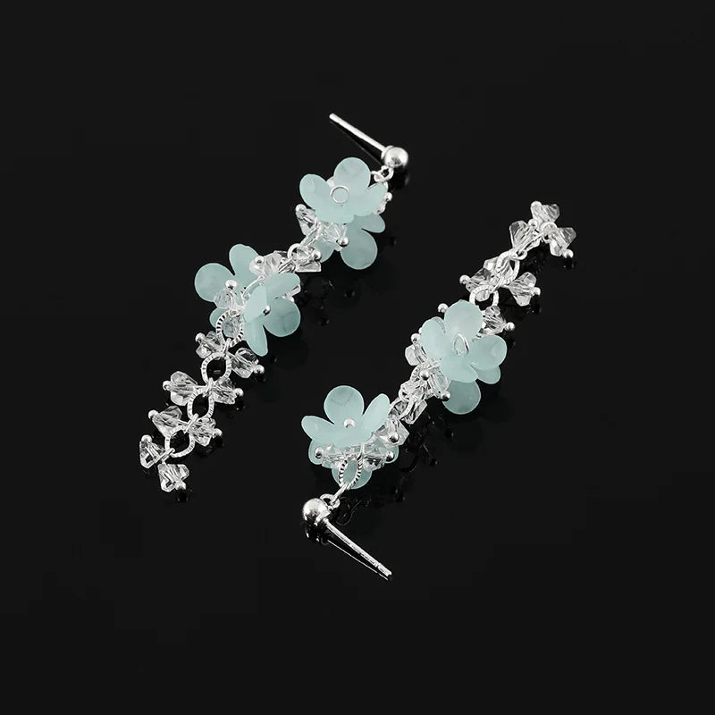 Elegant Blue Flower Crystal Vine Long Tassel Alloy Stud & Clip On No Piercing Sweet Earrings