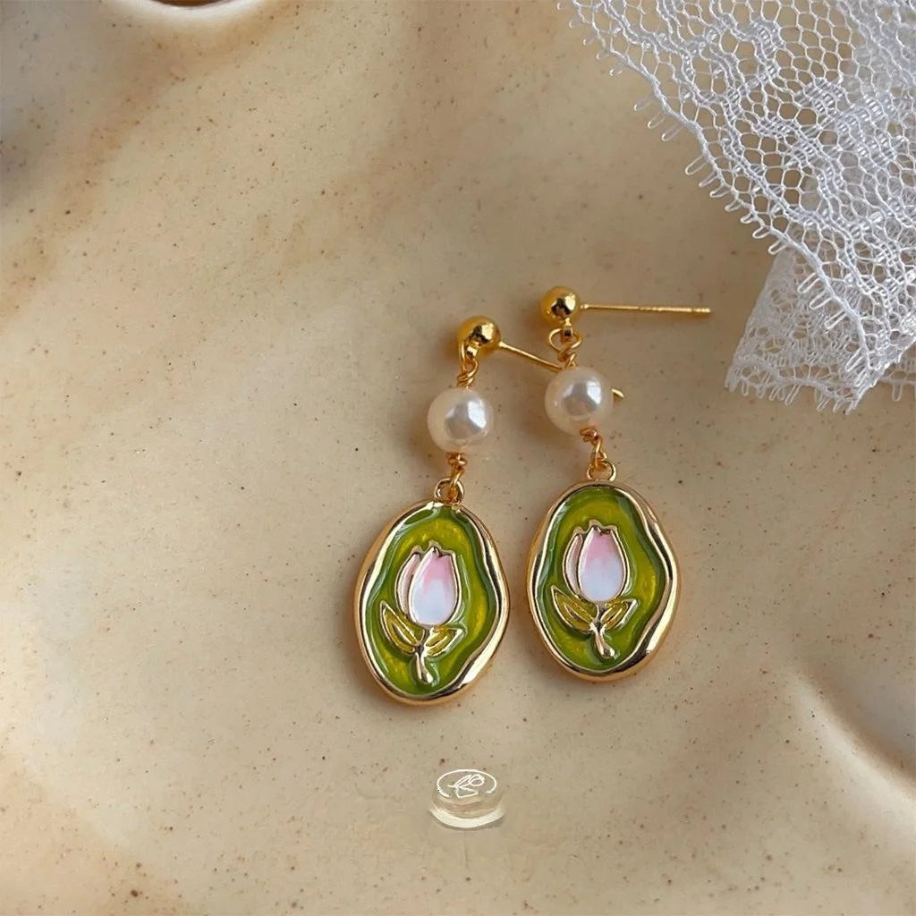 14K Gold Plated Copper Enamel Tulip Drop Earrings With High Luster Pearl Sweet Handmade Floral Jewelry