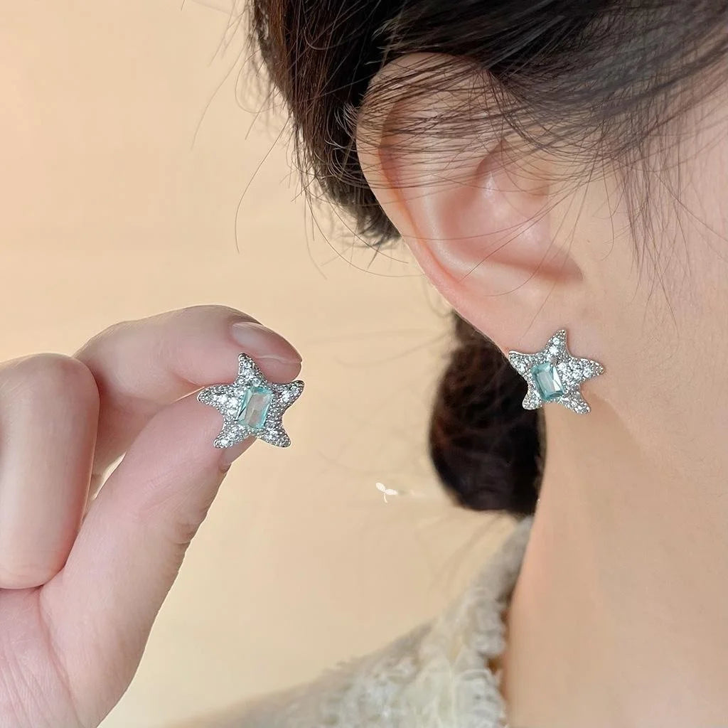 14K Gold Plated Copper Zircon Starfish Stud Earrings, Light Luxury Geometric Jewelry