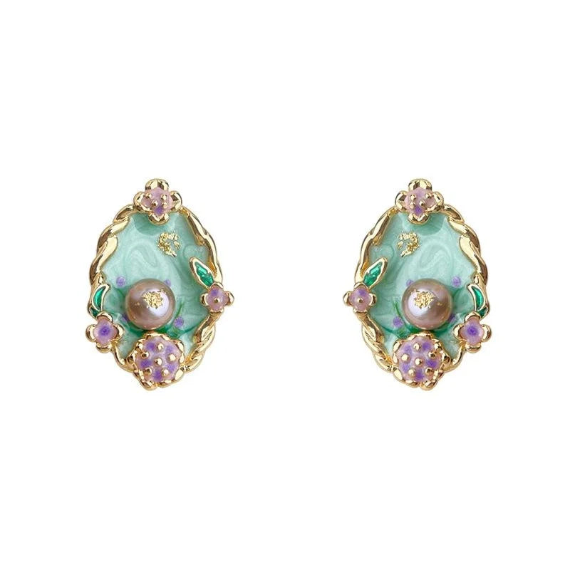 Sweet Forest Style 14K Plated Enamel Oval Freshwater Pearl Stud Earrings