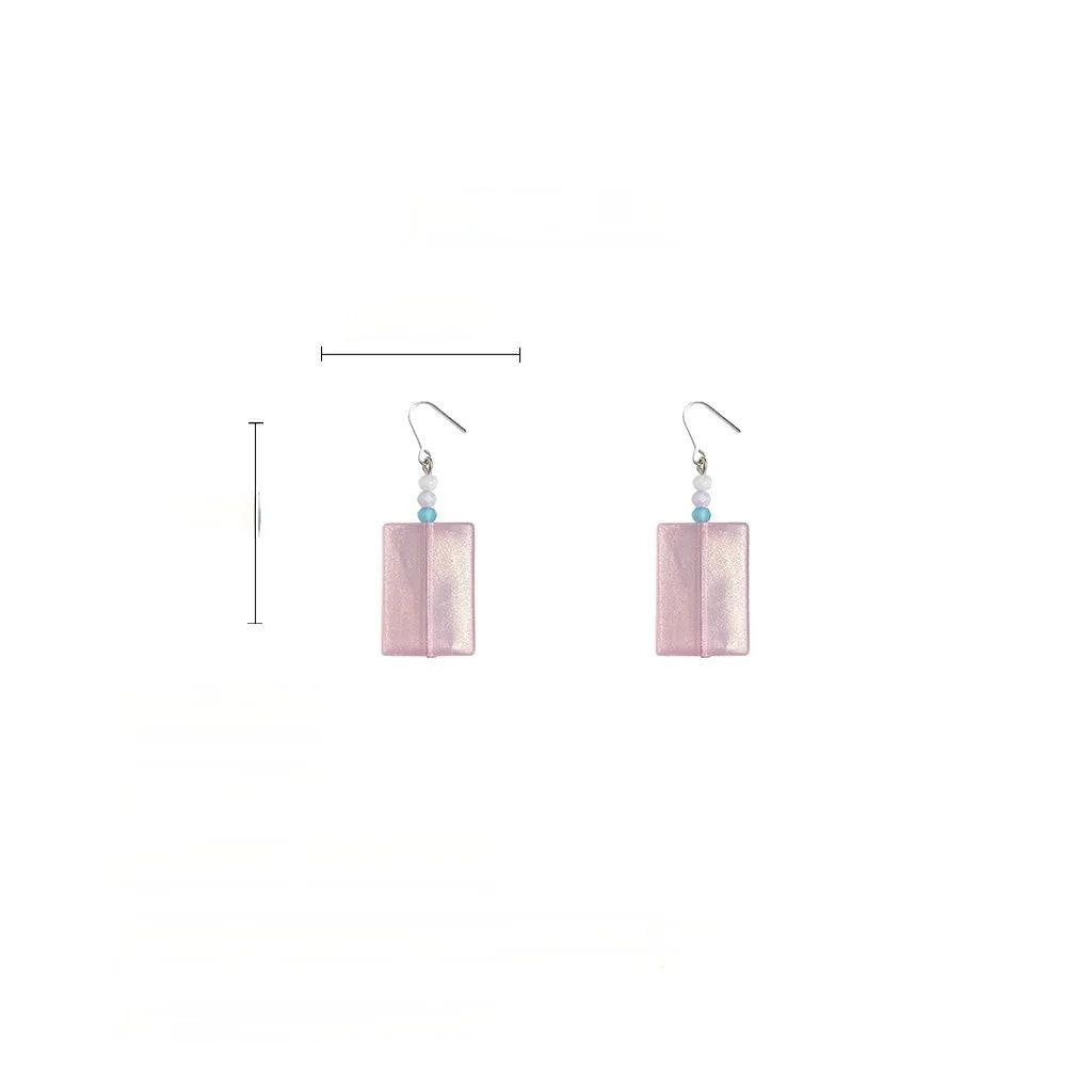 Fresh Sweet Pink Glass Crystal Geometric Rectangle Drop Earrings Vacation Style Handmade Jewelry