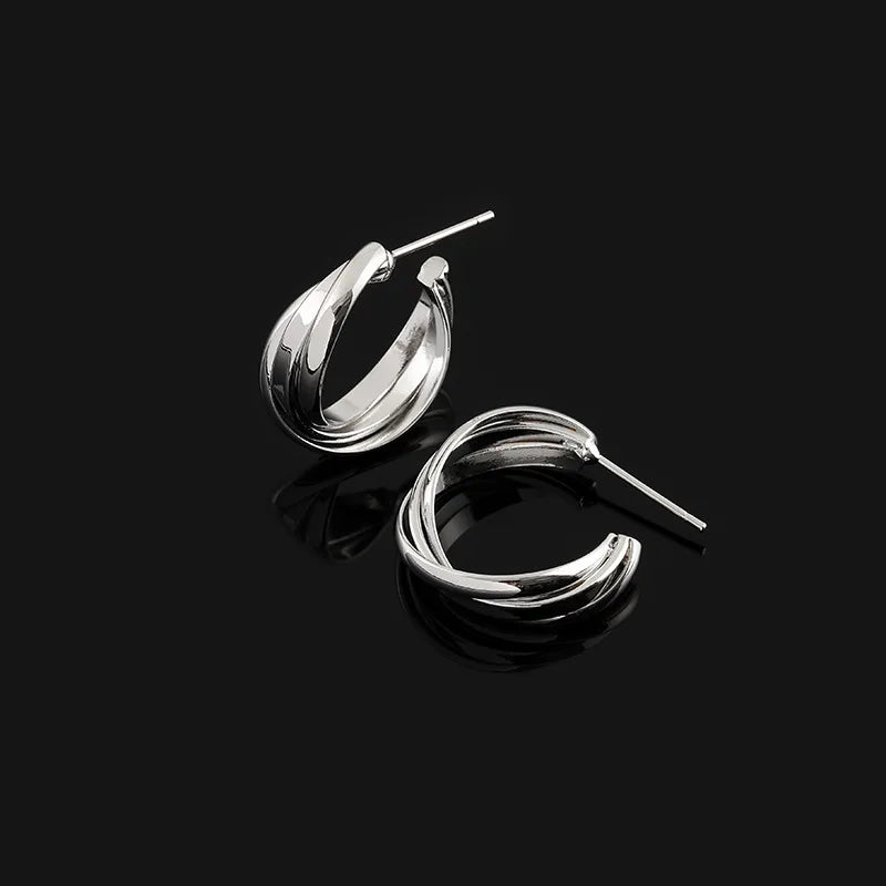 Elegant Silver Alloy Cross Hoop Spiral Coil Stud & Clip On No Piercing Minimalist Women's Earrings