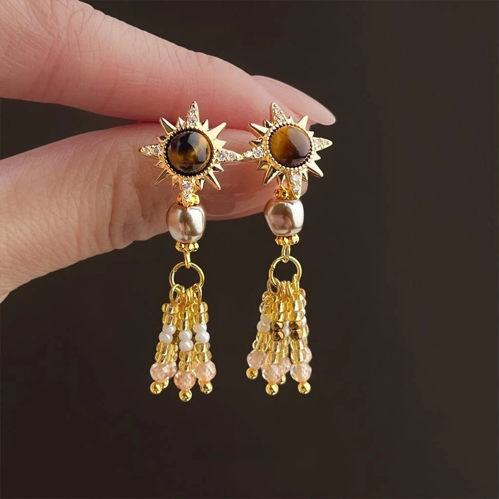 Vintage Maillard Tiger Eye Star Tassel Drop Earrings Copper Pearl Beaded Zircon Designer Jewelry