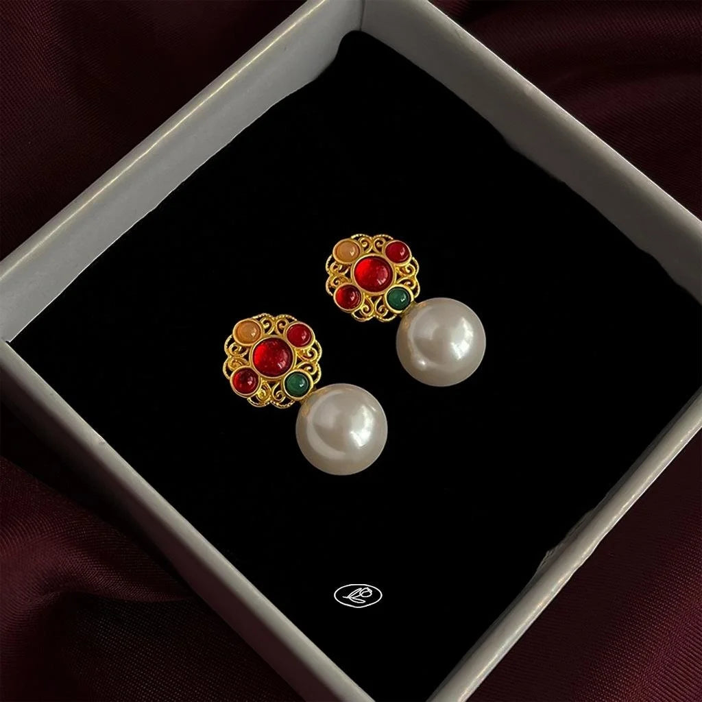 Light Luxury Vintage French Pearl Drop Earrings Copper Hollow Totem Design