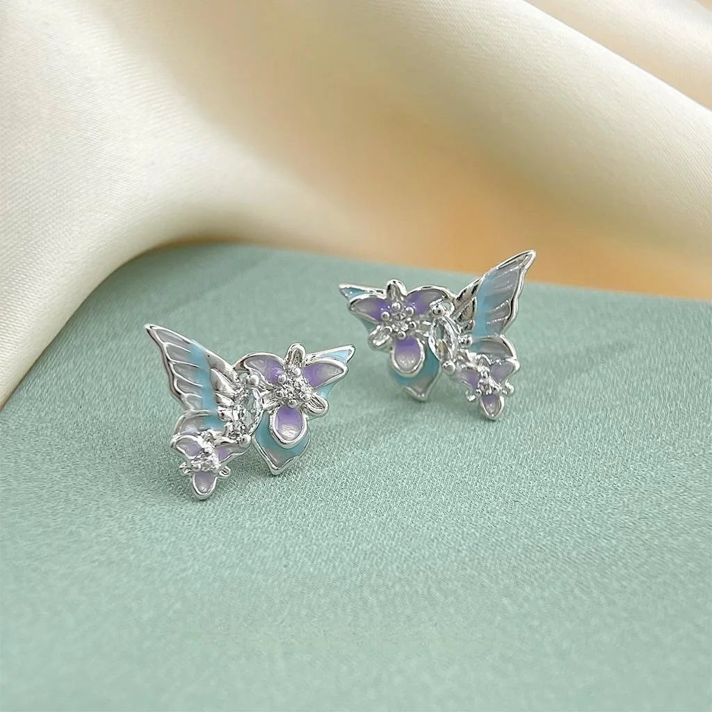 Forest Style Colorful Enamel Butterfly Stud Earrings In Copper With Micro Pave Zircon And Silver Plated Pins