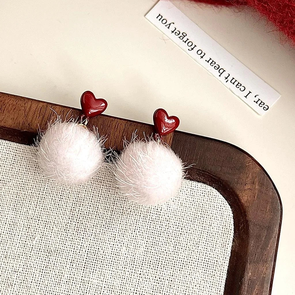 Sweet Burgundy Pom Pom Drop Earrings For Women, Winter Enamel Heart Geometric Daily Jewelry