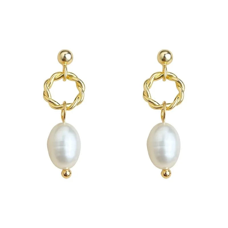 Natural Freshwater Pearl Oval Geometric Drop Earrings Handmade Light Luxury Silver Plated Posts