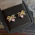 Sweet Pink Bow Heart Drop Earrings Copper Micro Pave Zircon Fresh Geometric Jewelry