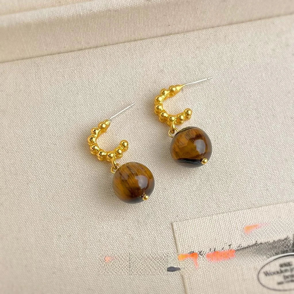 Retro Maillard Tiger Eye Natural Stone Geometric Round Drop Earrings For Women