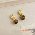 Retro Maillard Tiger Eye Natural Stone Geometric Round Drop Earrings For Women