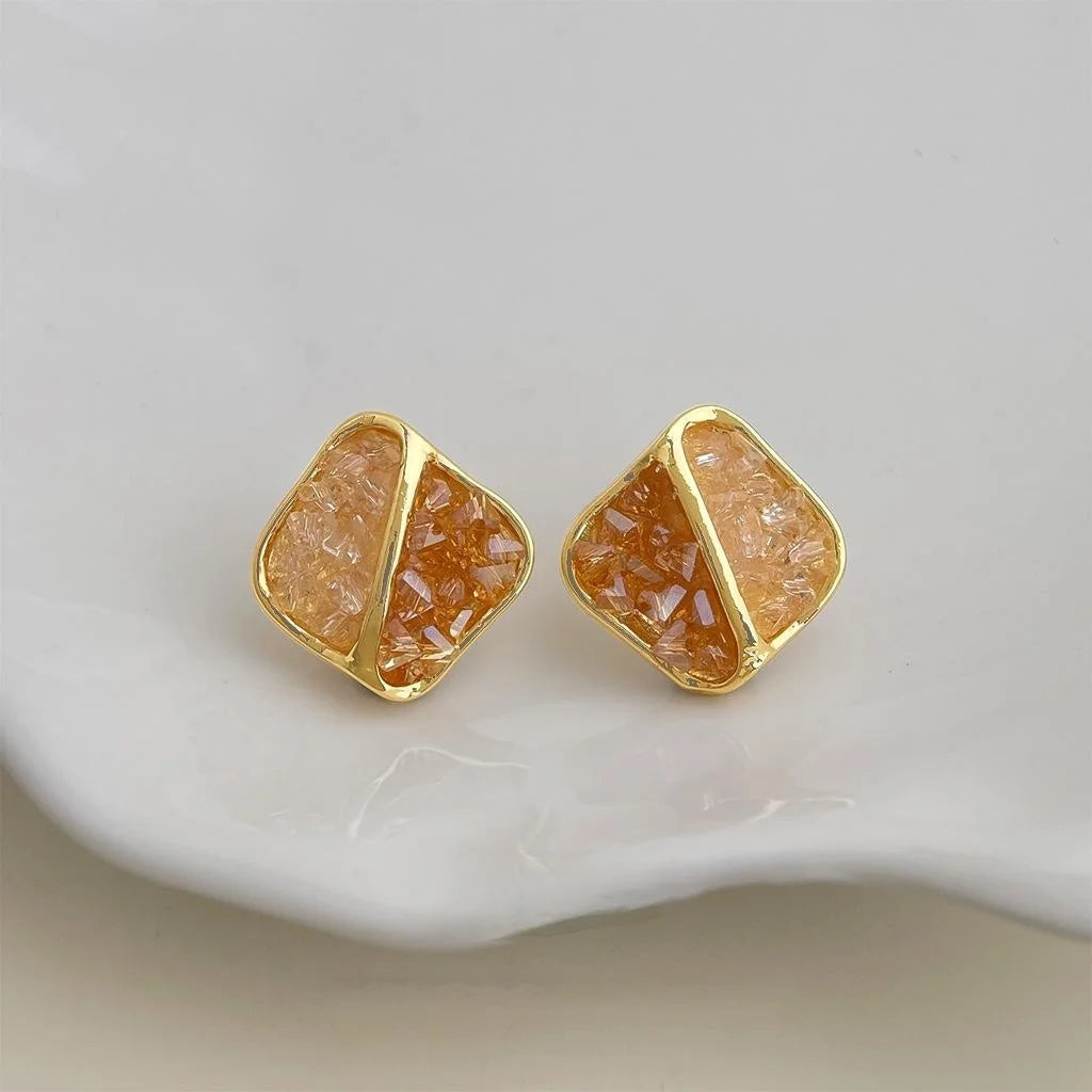 Vintage Geometric Gradient Glass Crystal Stud Earrings Copper Sunset Orange Chic Jewelry