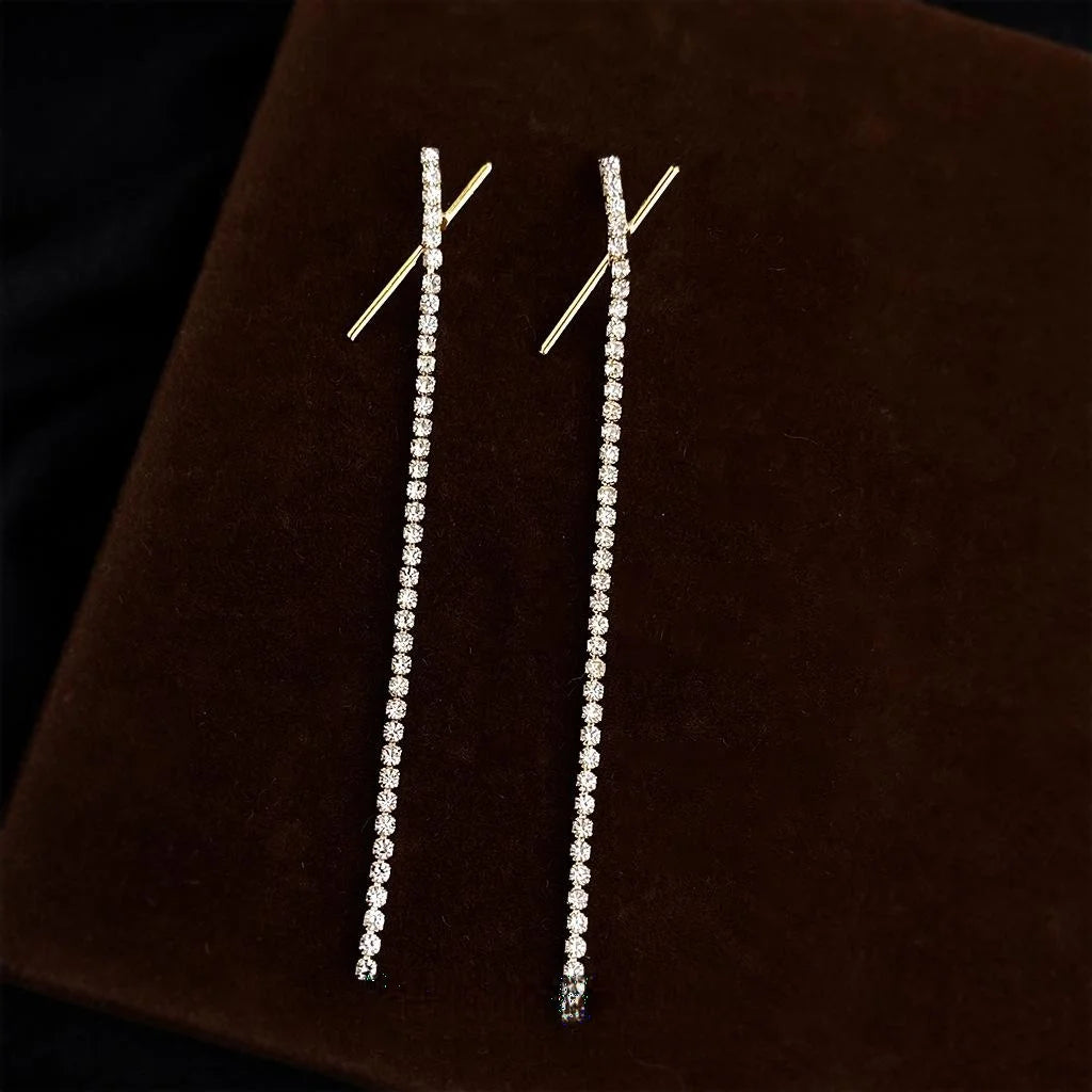 Light Luxury 14K Gold Plated Copper Glass Rhinestone Geometric Tassel Drop Earrings