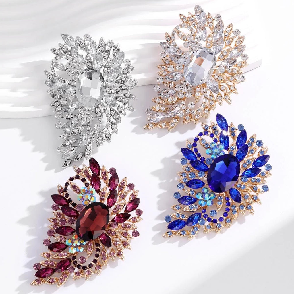 Elegant Blue Crystal Flower Leaf Alloy Rhinestone Brooch, Luxury Lapel Pin Corsage Suit Accessory Gift