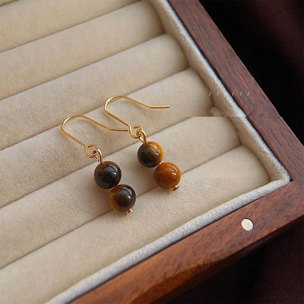 Handmade Tiger Eye Stone Copper Drop Earrings Vintage Maillard Geometric Round Jewelry