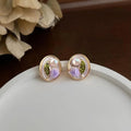 Freshwater Pearl Purple Tulip Hand Painted Enamel Stud Earrings Silver Plated Hepburn Floral Jewelry