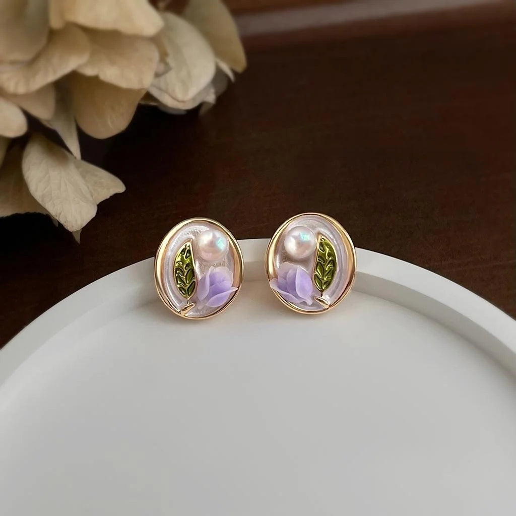Freshwater Pearl Purple Tulip Hand Painted Enamel Stud Earrings Silver Plated Hepburn Floral Jewelry