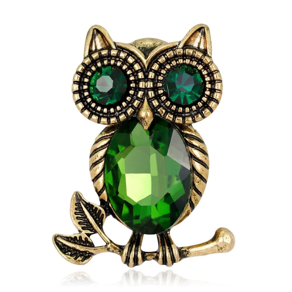 Vintage Owl Rhinestone Brooch With Blue Glass Crystal Body, Elegant Alloy Lapel Pin Suit Accessory Gift