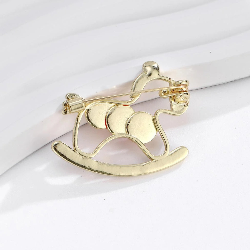 Luxury Red Enamel Rocking Horse Brooch With Rhinestone Paved Base, Elegant Women's Lapel Pin Gift