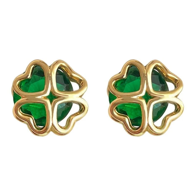 18K Gold Plated Copper Flower Stud Earrings Green Zircon Flower Leaf Design
