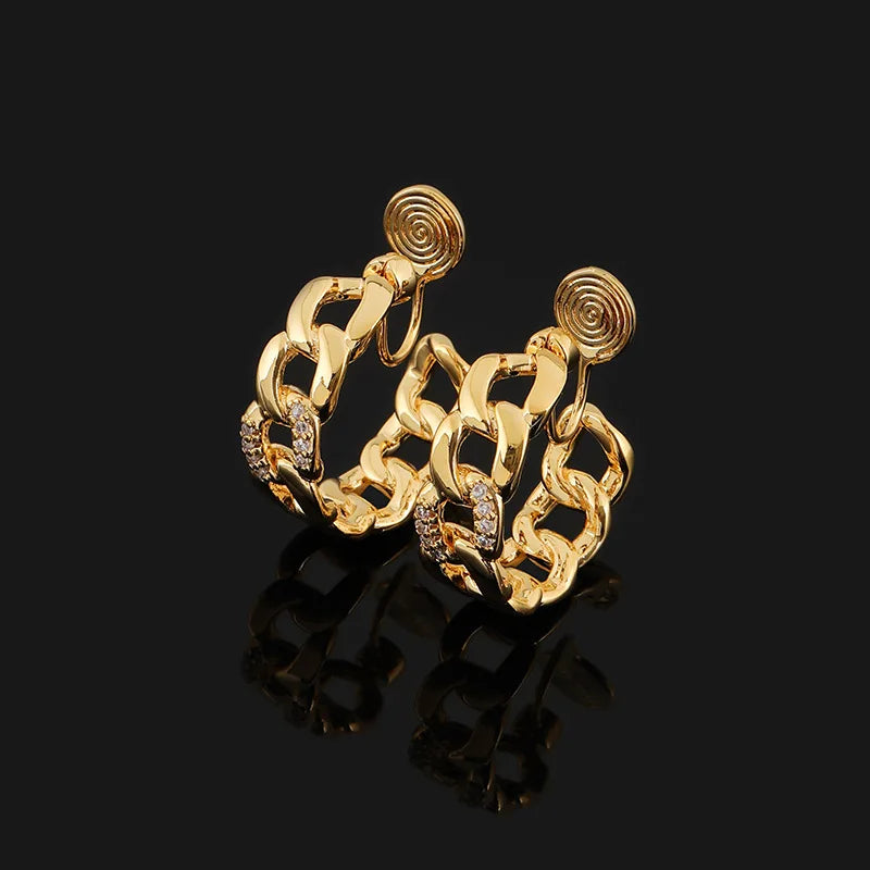 Luxury Gold Alloy Chain Hoop Spiral Stud & Clip On No Piercing Rhinestone Statement Earrings