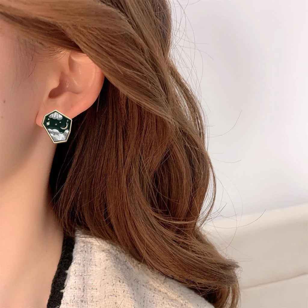 Artistic Asymmetric Star Moon Stud Earrings Copper Irregular Geometric Oil Painting Style