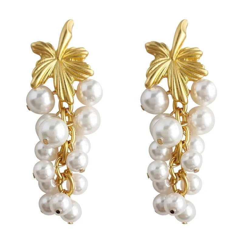 Vintage French Grape Floral Glass Pearl Stud Earrings Matte Silver Plated Luxury Handmade Jewelry