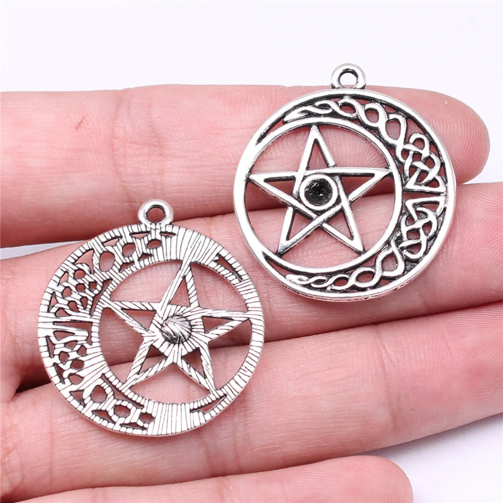 33x30mm 3.1g Antique Silver Zinc Alloy Five Point Star Crescent Moon Charm Pendant for DIY Jewelry Making