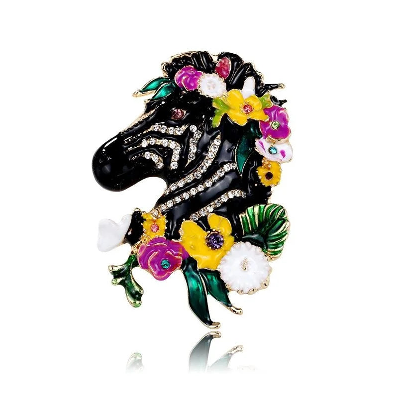 Elegant Enamel Zebra Head Brooch With Rhinestone Floral Wreath, Animal Lapel Pin Suit Accessory Gift
