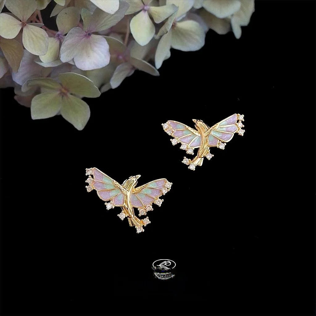 14K Gold Plated Copper Flying Fish Zircon Enamel Stud Earrings Fairy Style Jewelry